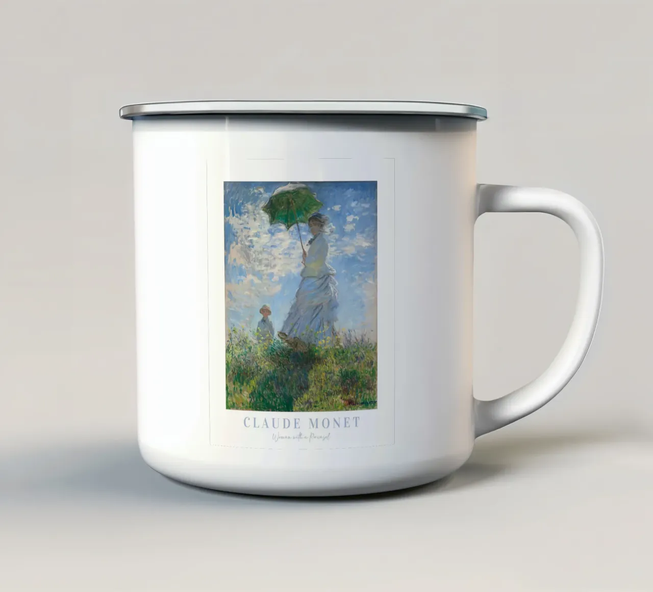 Claude Monet, Donna con ombrellone, Paesaggio impressionista tazza in smalto da ArtHaus