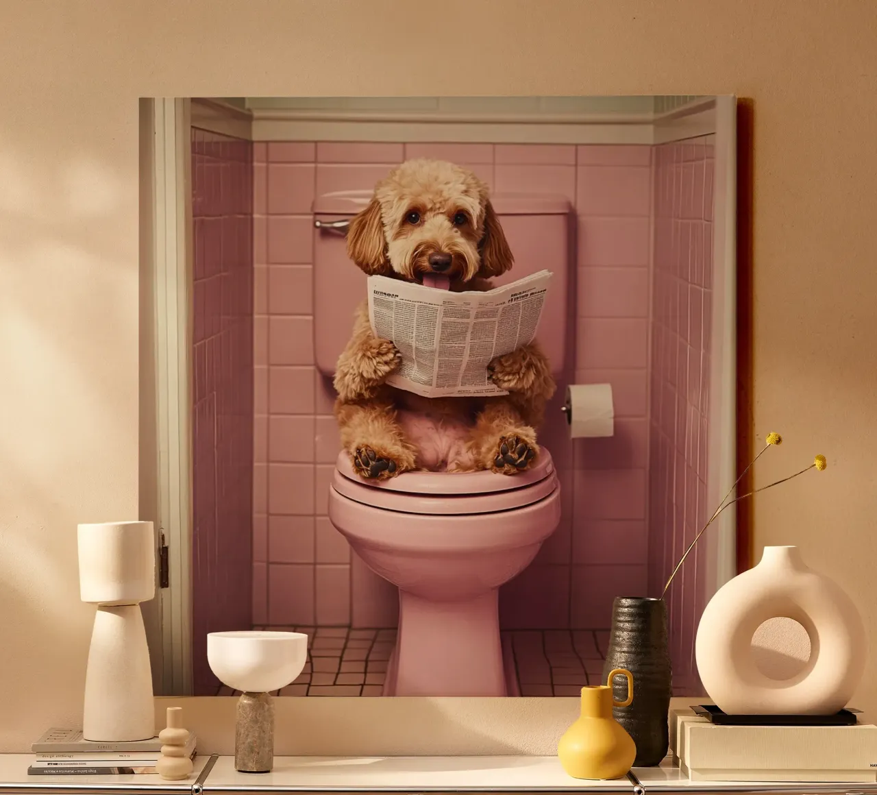 Labradoodle liest Zeitung canvas met Baklijst van NORDLICHT DESIGNS
