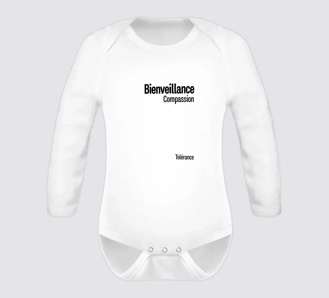 Kindness Compassion Tolerance long-sleeve baby romper by YV TYPOGRAPHY