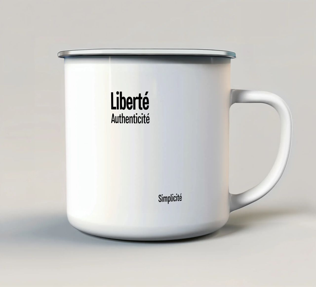 Liberte Authenticite Simplicite tazza in smalto da YV TYPOGRAPHY