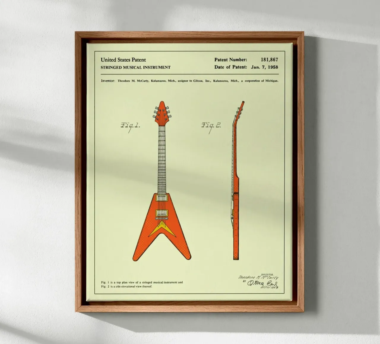 Gitaar octrooi (1958) canvas met Baklijst van Jazzberry Blue