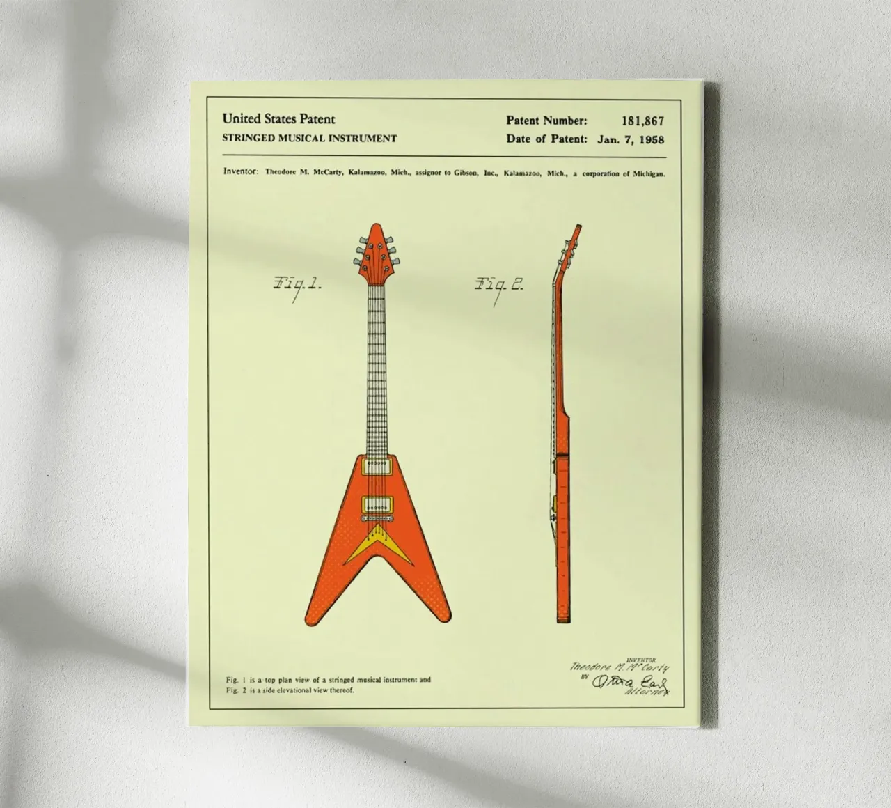 Gitaar octrooi (1958) canvas met Baklijst van Jazzberry Blue