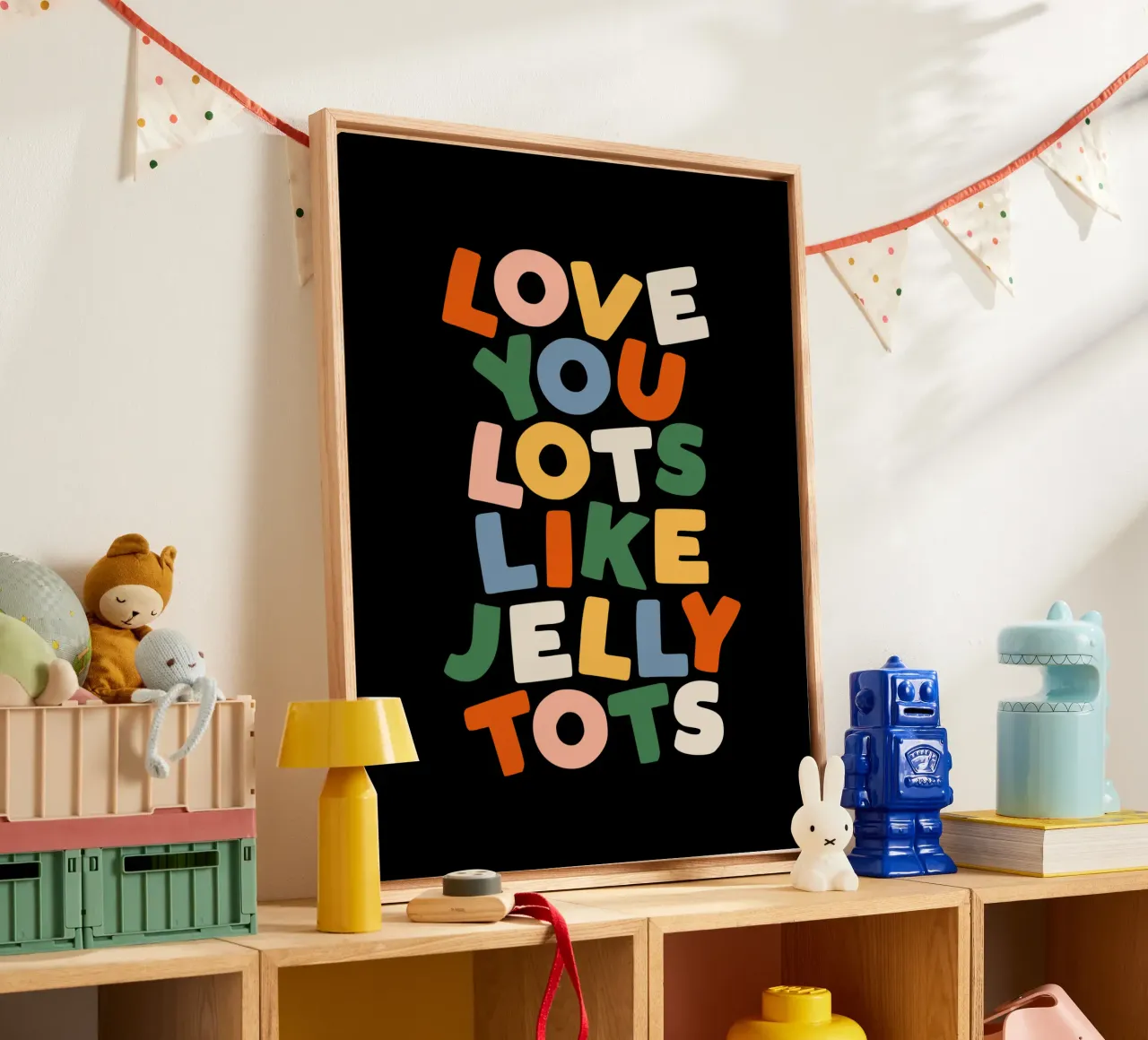 Love You Lots Like Jelly Tots Typography Print for Children canvas with Floater frame by THE MOTIVATED TYPE