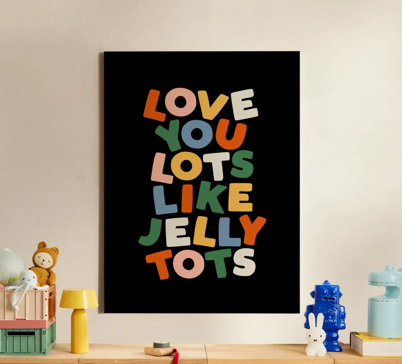 Love You Lots Like Jelly Tots Typography Print for Children canvas with Floater frame by THE MOTIVATED TYPE
