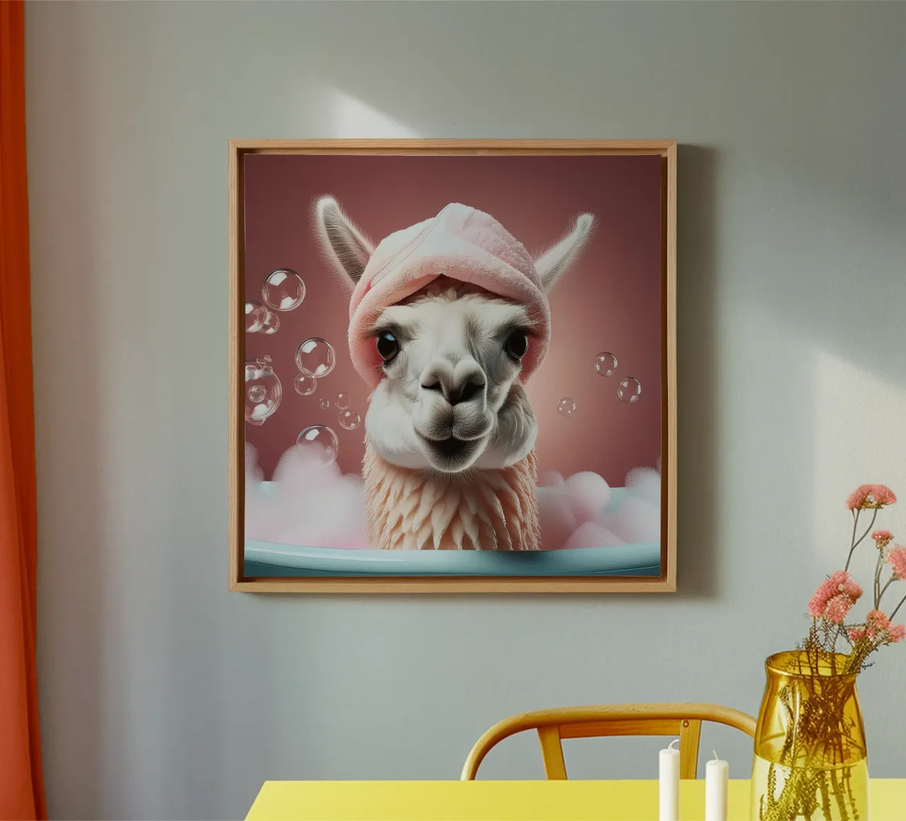 Ontspannende Lama Bubbelbad - Leuk en Eigenzinnig Muurkunstwerk canvas met Baklijst van FlexiDesignsByK