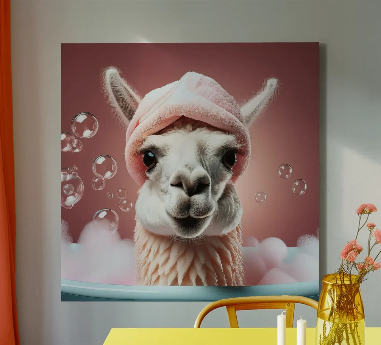 Ontspannende Lama Bubbelbad - Leuk en Eigenzinnig Muurkunstwerk canvas met Baklijst van FlexiDesignsByK