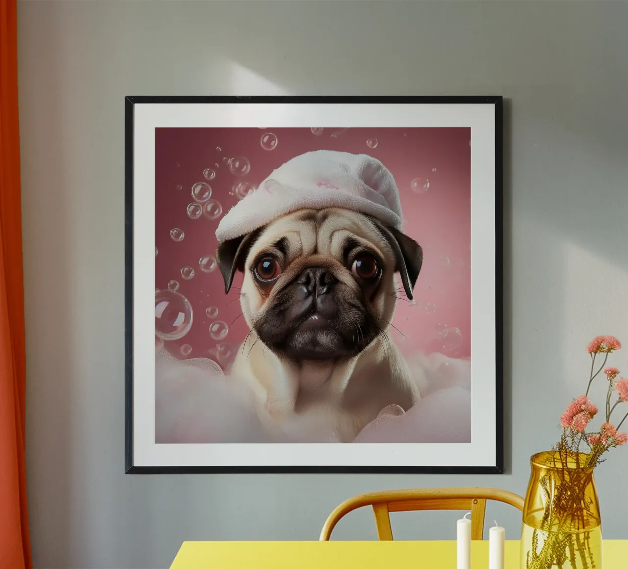 Bezaubernde Mops-Seifenblasen-Kunst für Tierliebhaber Poster von FlexiDesignsByK