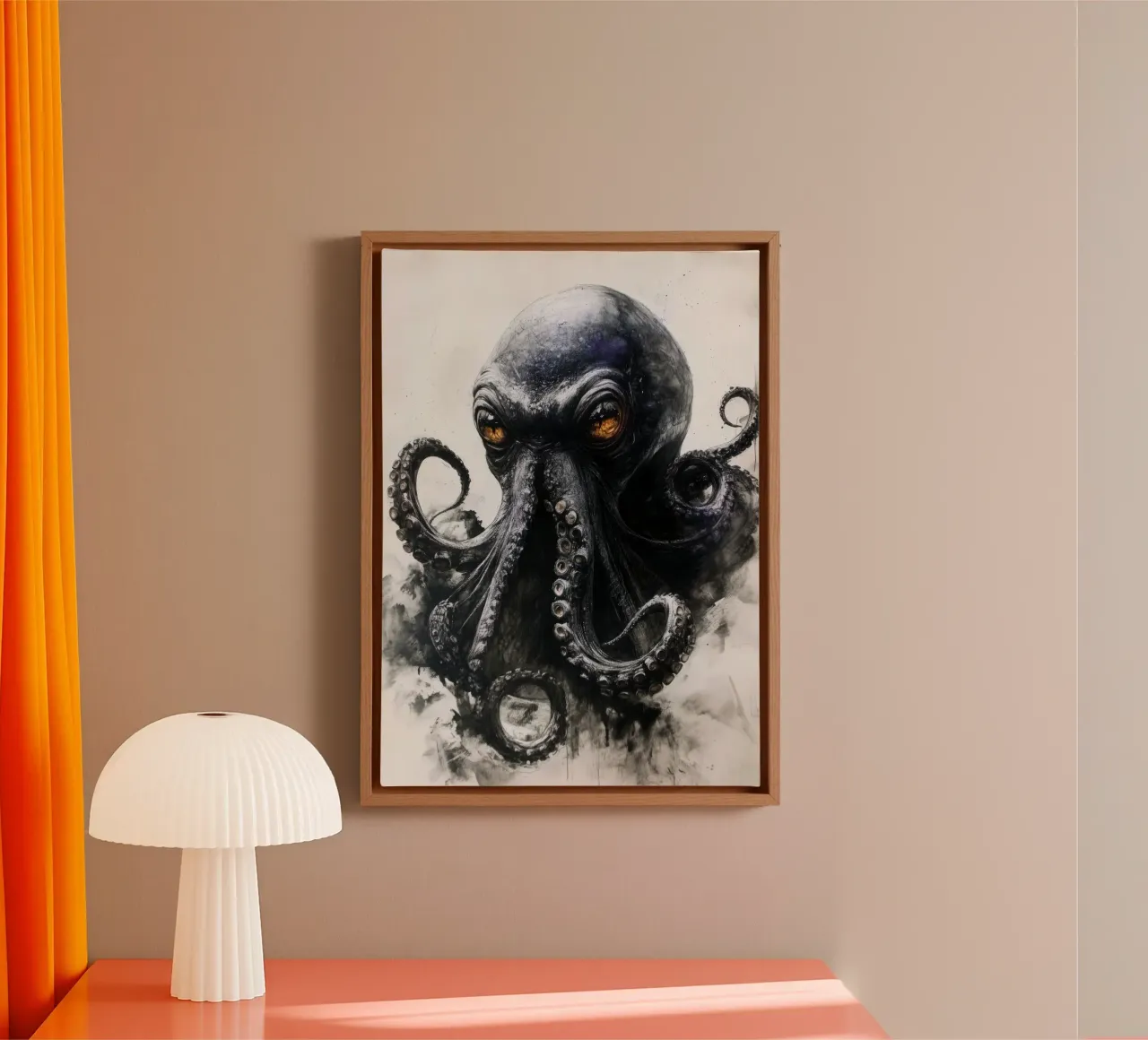 Zwarte octopus zeeleven canvas met Baklijst van Justyna Jaszke JBJart