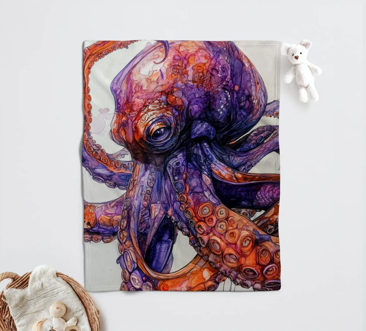 Arte pulpo púrpura y naranja manta de franela de Justyna Jaszke JBJart