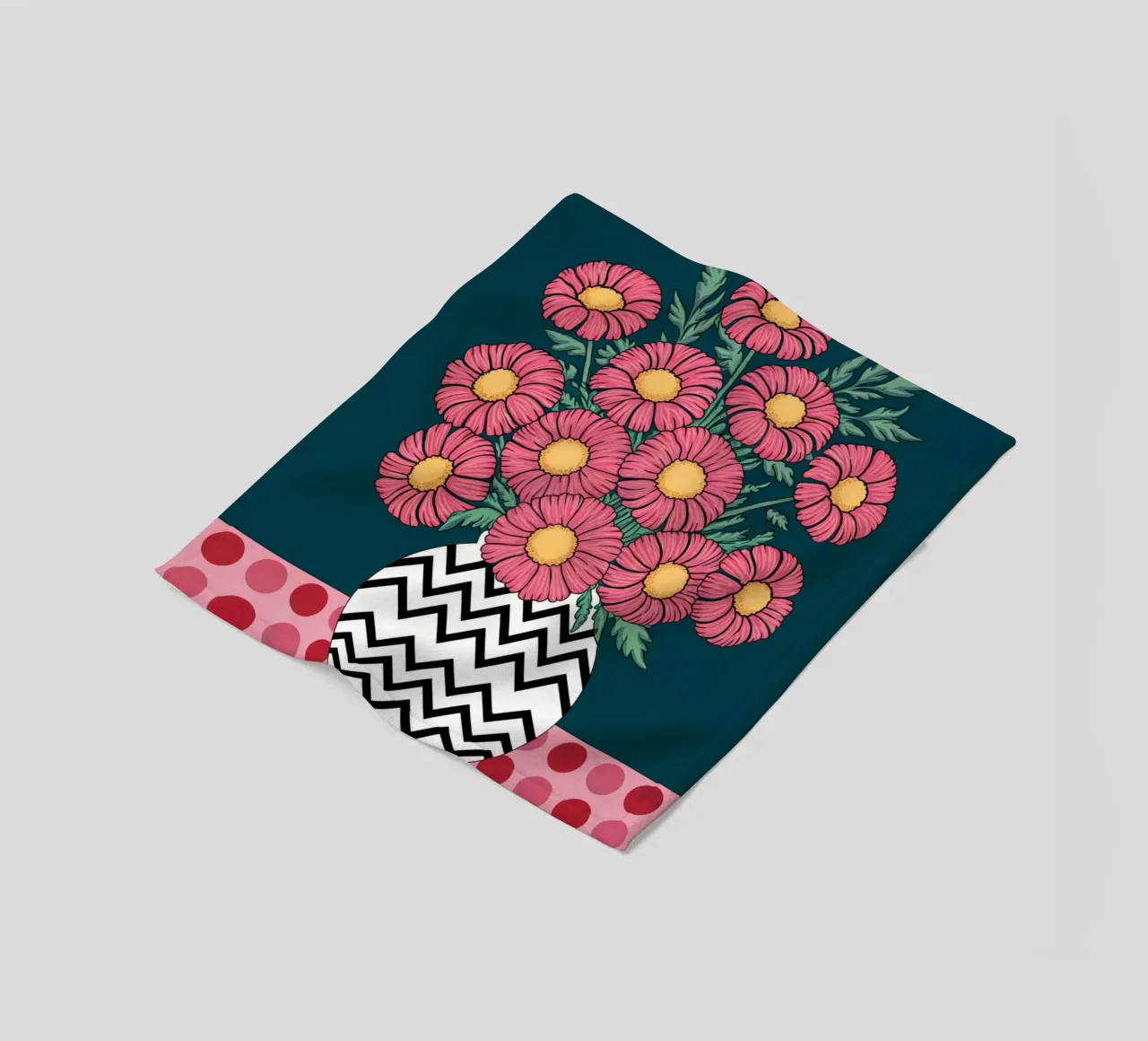 Margherite rosa in un vaso a zig zag coperta in pile da logic