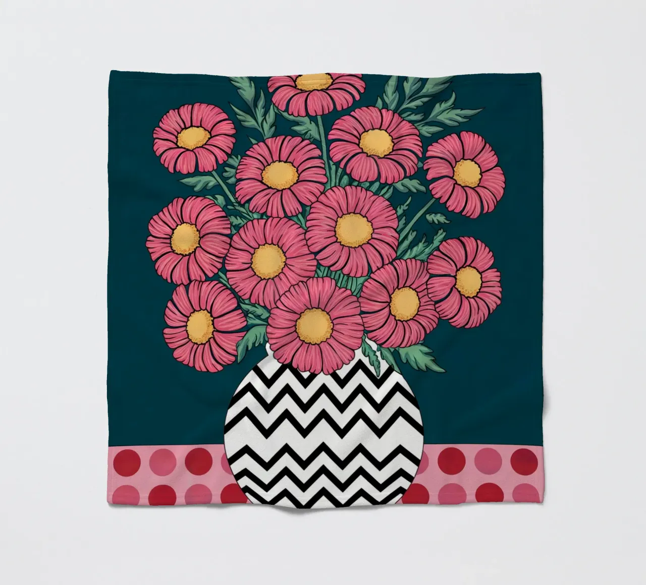 Margherite rosa in un vaso a zig zag coperta in pile da logic