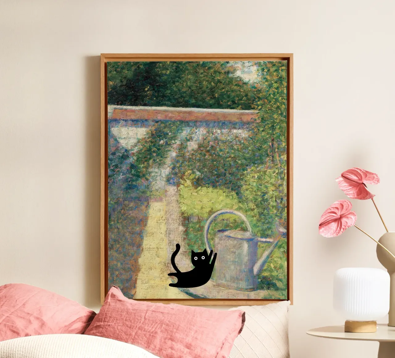 Seurat Georges, The Watering Can, Black Cat canvas with Floater frame by Peaches Art Prints