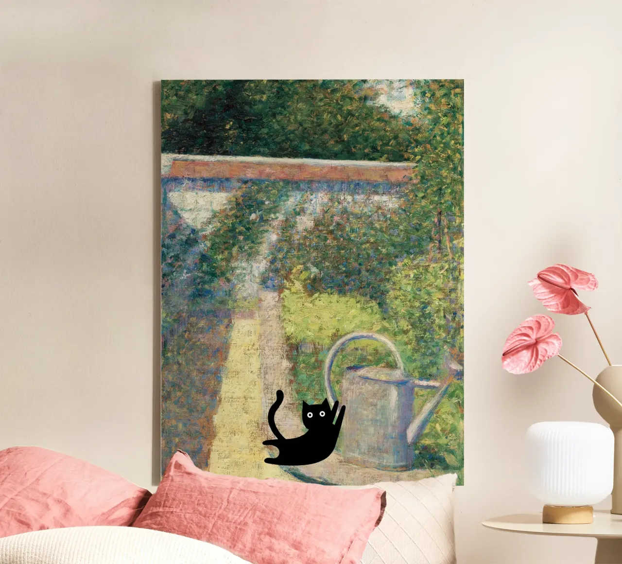 Seurat Georges, The Watering Can, Black Cat canvas with Floater frame by Peaches Art Prints