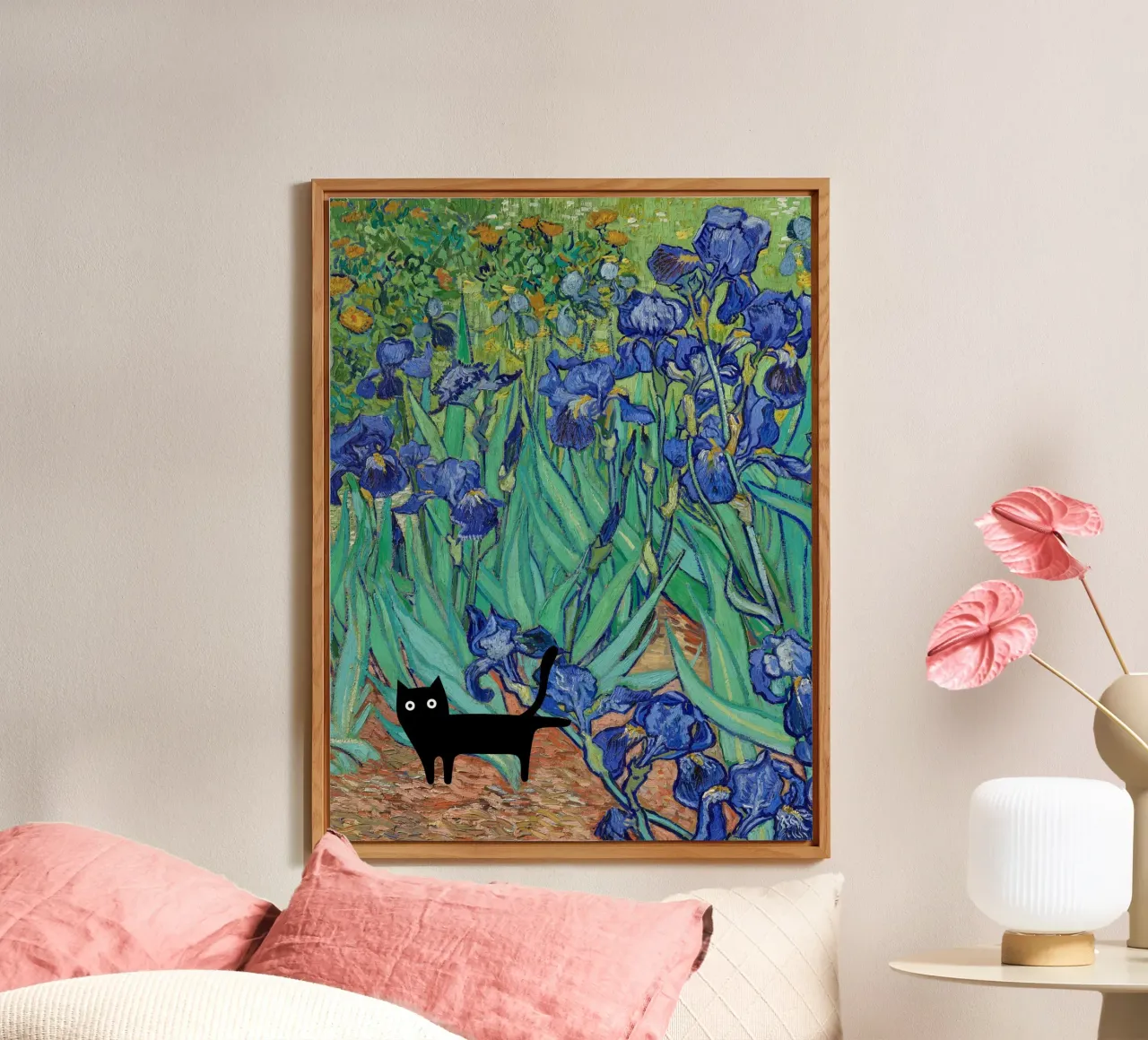Vincent Van Gogh Iris con gatto nero alluminio dibond da Peaches Art Prints