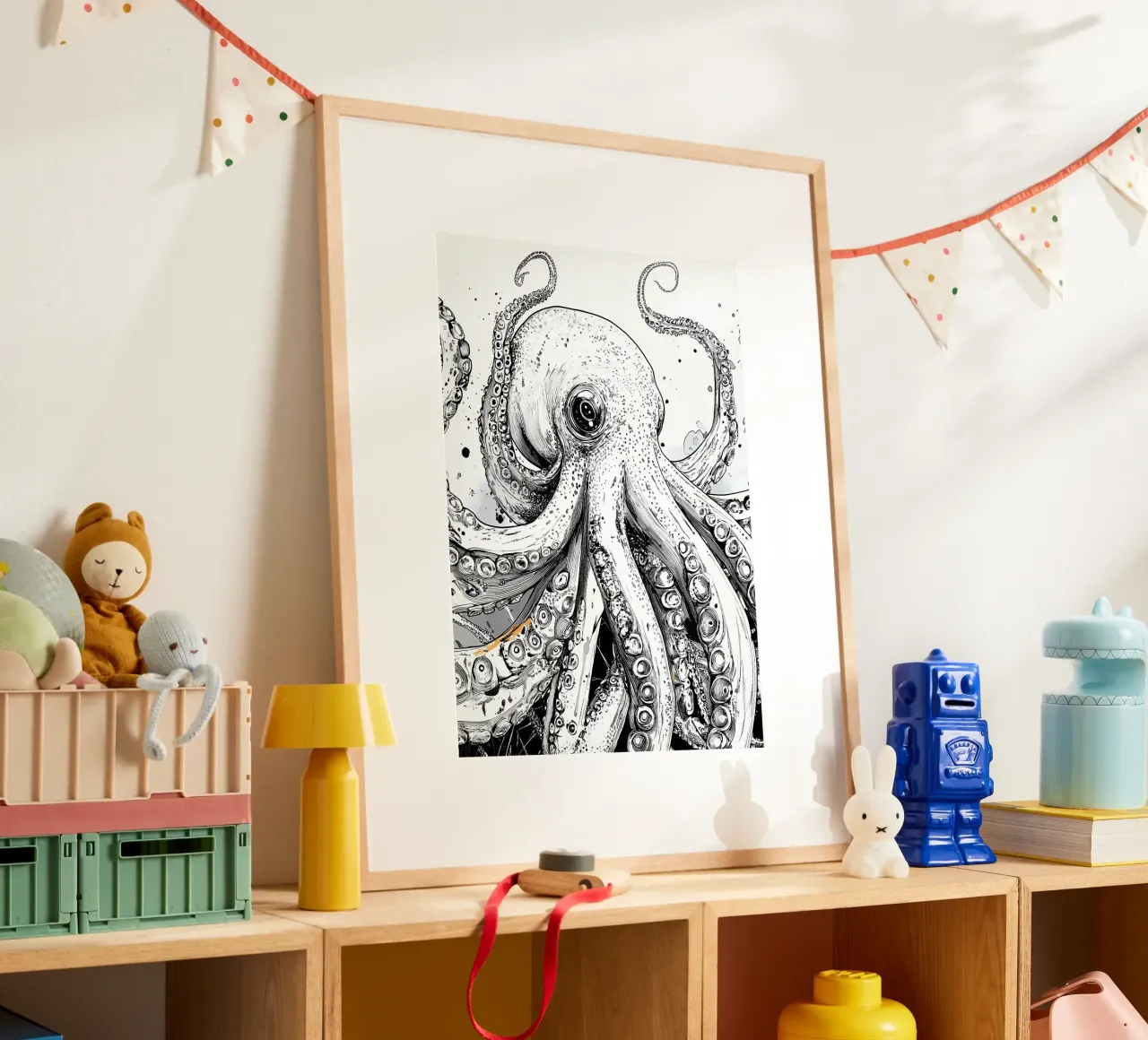 Polpo bianco e nero poster con telaio in legno da Justyna Jaszke JBJart