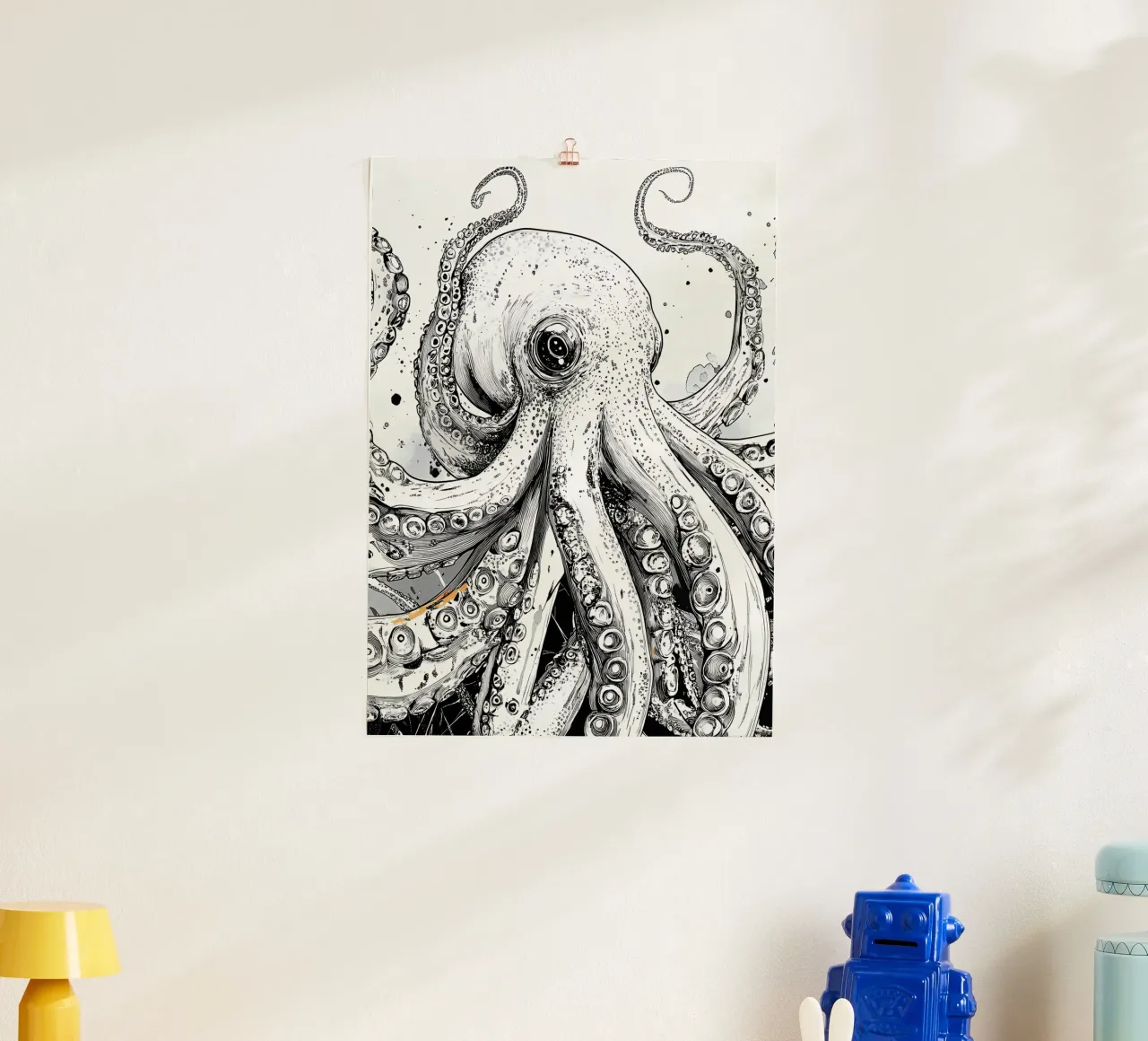 Polpo bianco e nero poster con telaio in legno da Justyna Jaszke JBJart