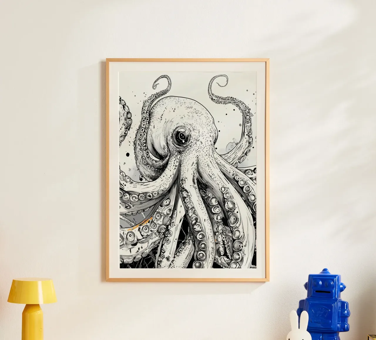 Polpo bianco e nero poster con telaio in legno da Justyna Jaszke JBJart