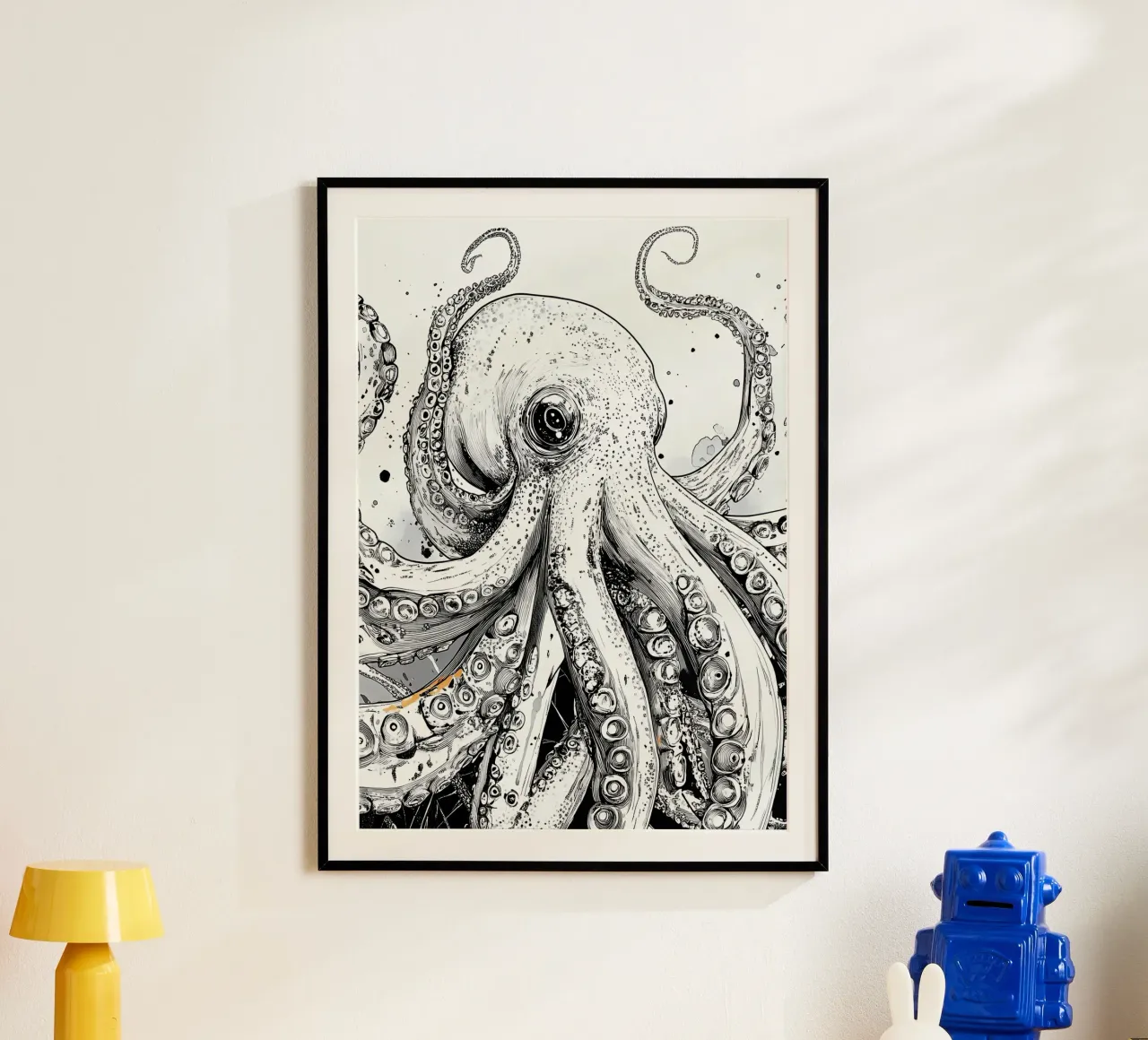 Polpo bianco e nero poster con telaio in legno da Justyna Jaszke JBJart