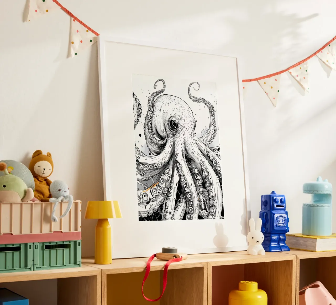 Polpo bianco e nero poster con telaio in legno da Justyna Jaszke JBJart