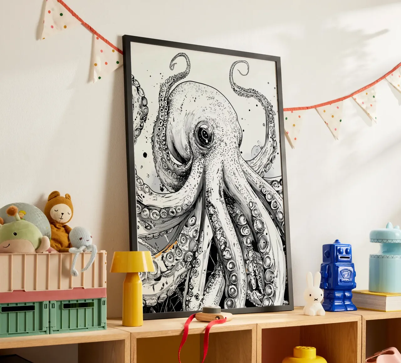 Polpo bianco e nero poster con telaio in legno da Justyna Jaszke JBJart