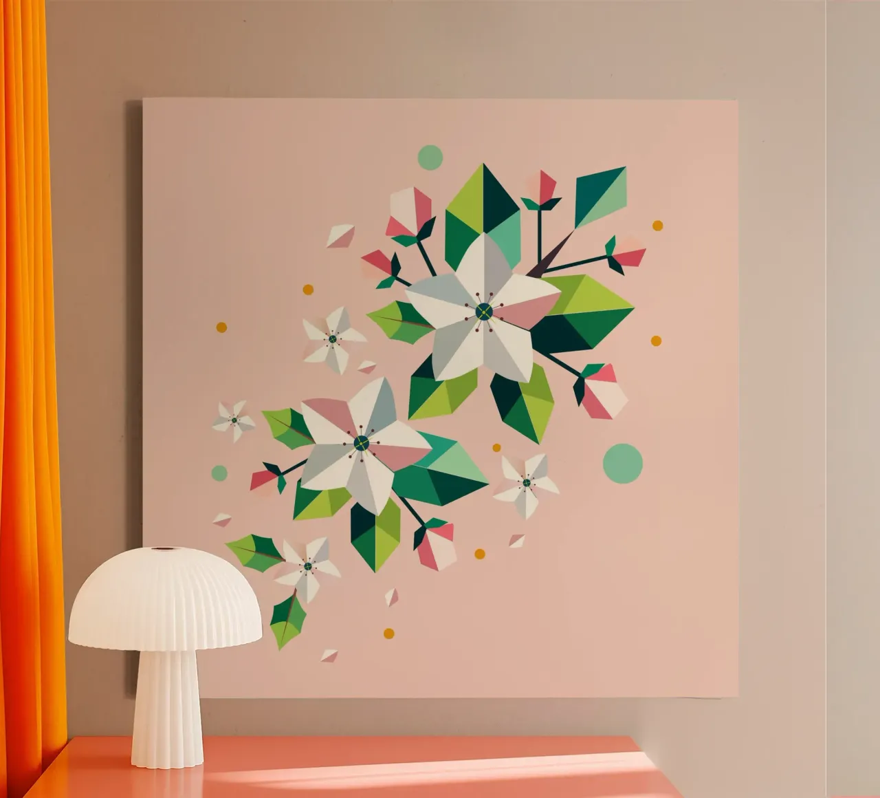 Geometrischer Apfelblütenzweig – Frühlingshafte Eleganz Leinwand mit Schattenfugenrahmen von namosh