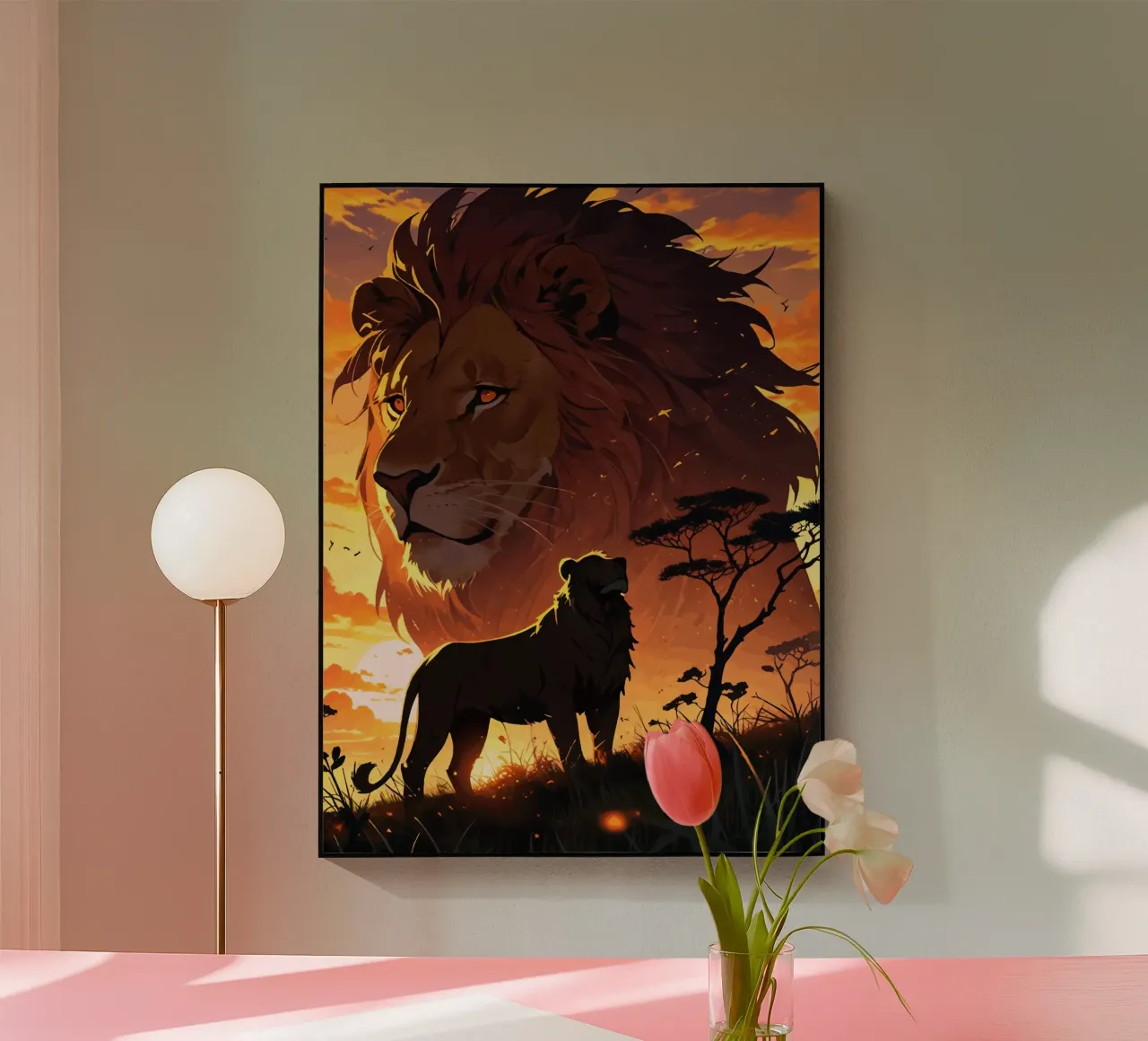 Majestueuze leeuwen bij zonsondergang acryl van artdesign1985