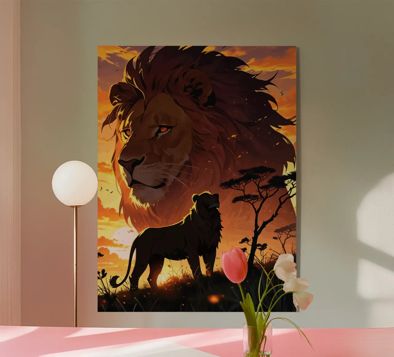 Majestueuze leeuwen bij zonsondergang acryl van artdesign1985