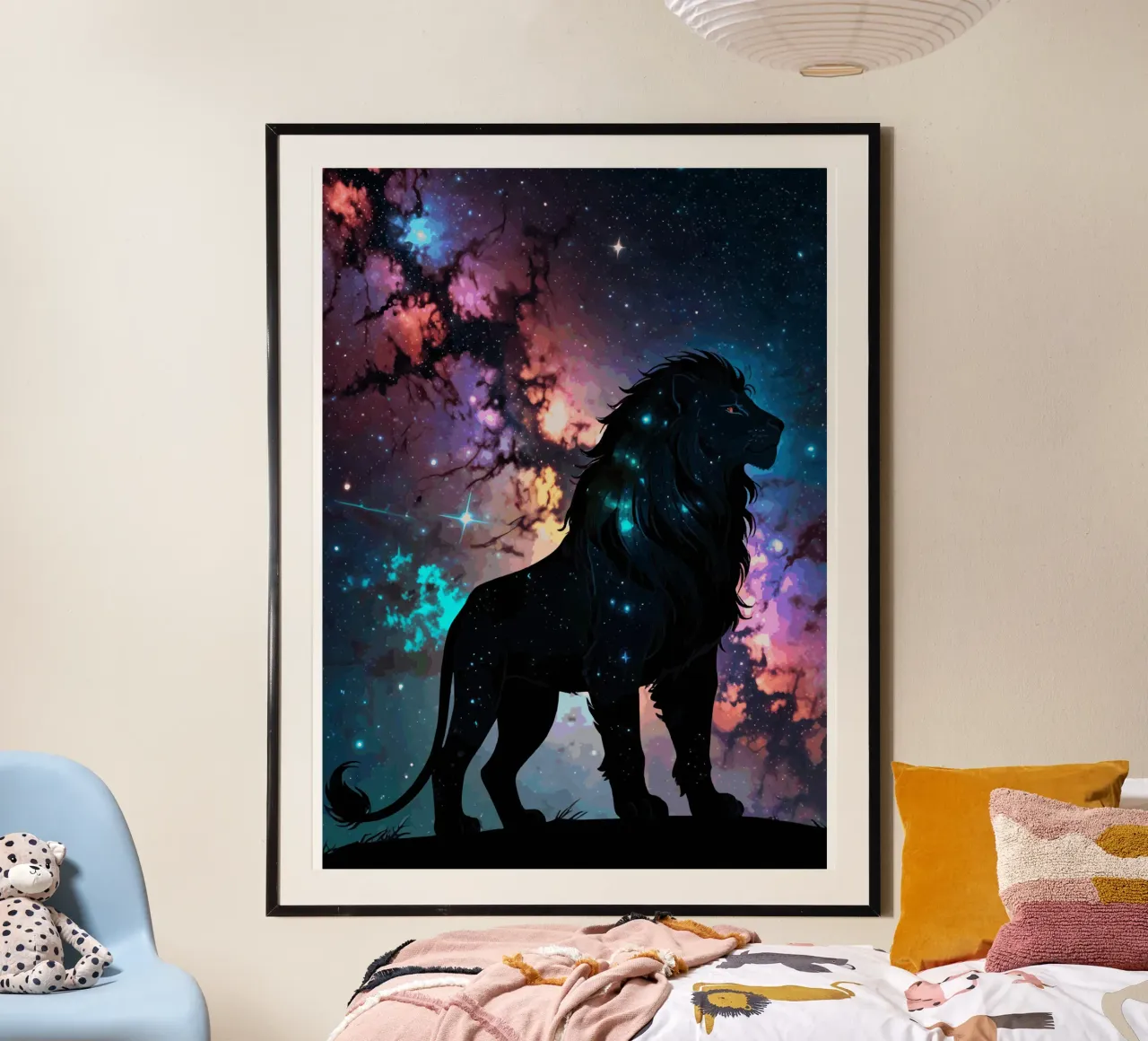 Leone cosmico: Re della Galassia poster con telaio in legno da artdesign1985
