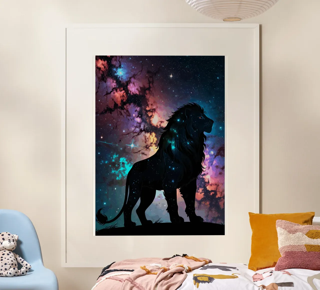 Leone cosmico: Re della Galassia poster con telaio in legno da artdesign1985