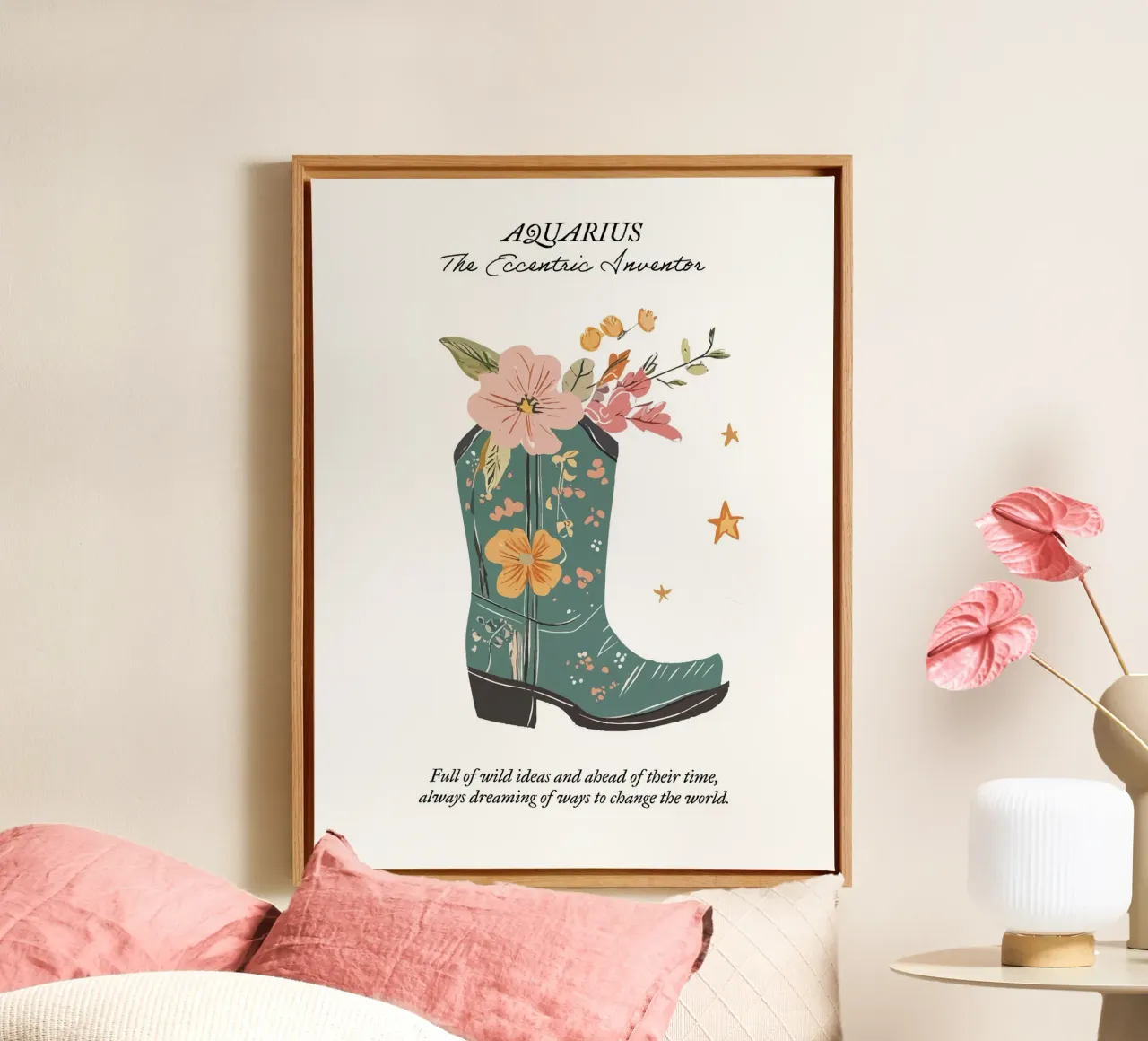 Acuario Signo Zodiacal, Botas Vaqueras lienzo con Marco flotante de Peaches Art Prints