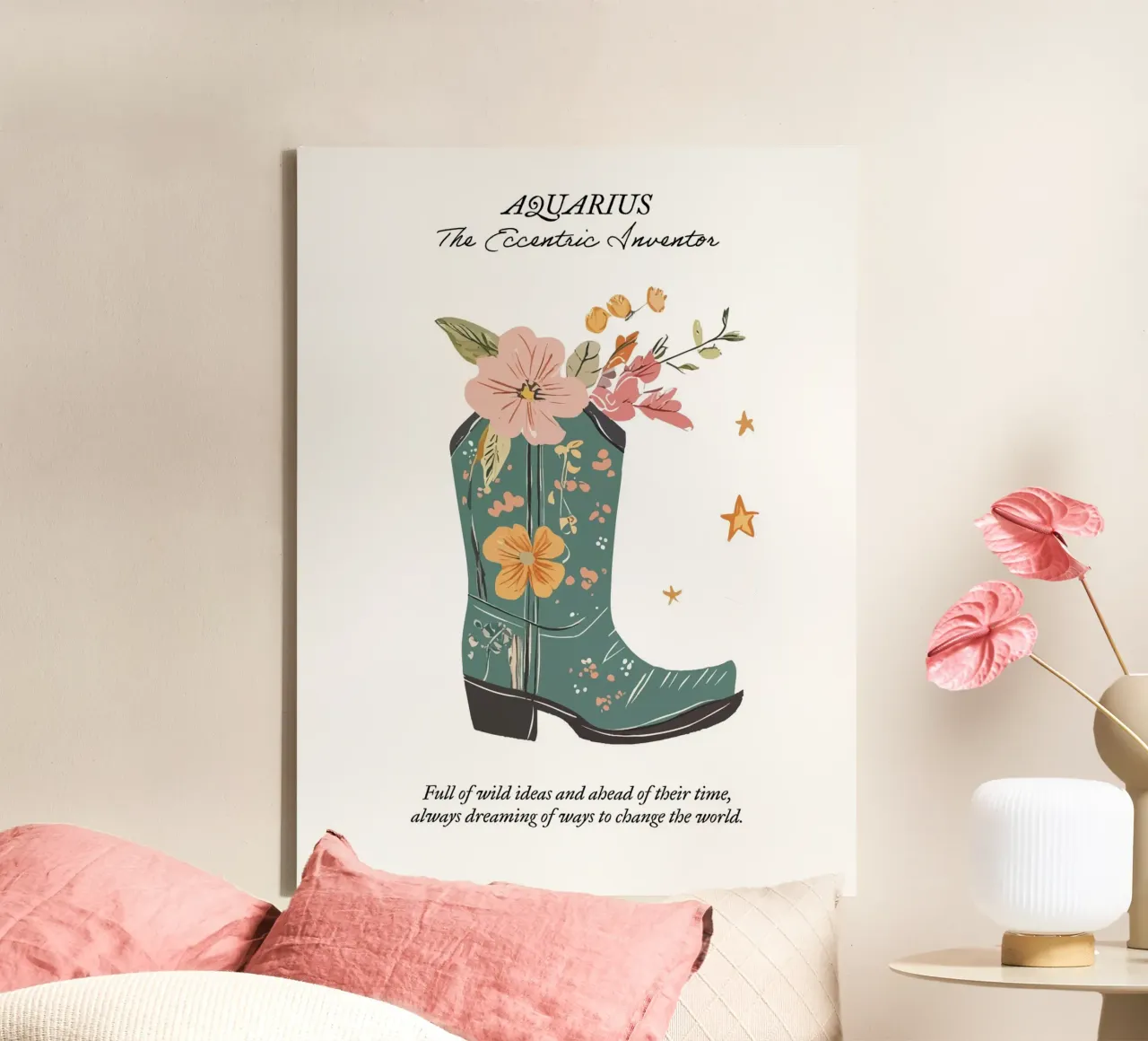 Acuario Signo Zodiacal, Botas Vaqueras lienzo con Marco flotante de Peaches Art Prints