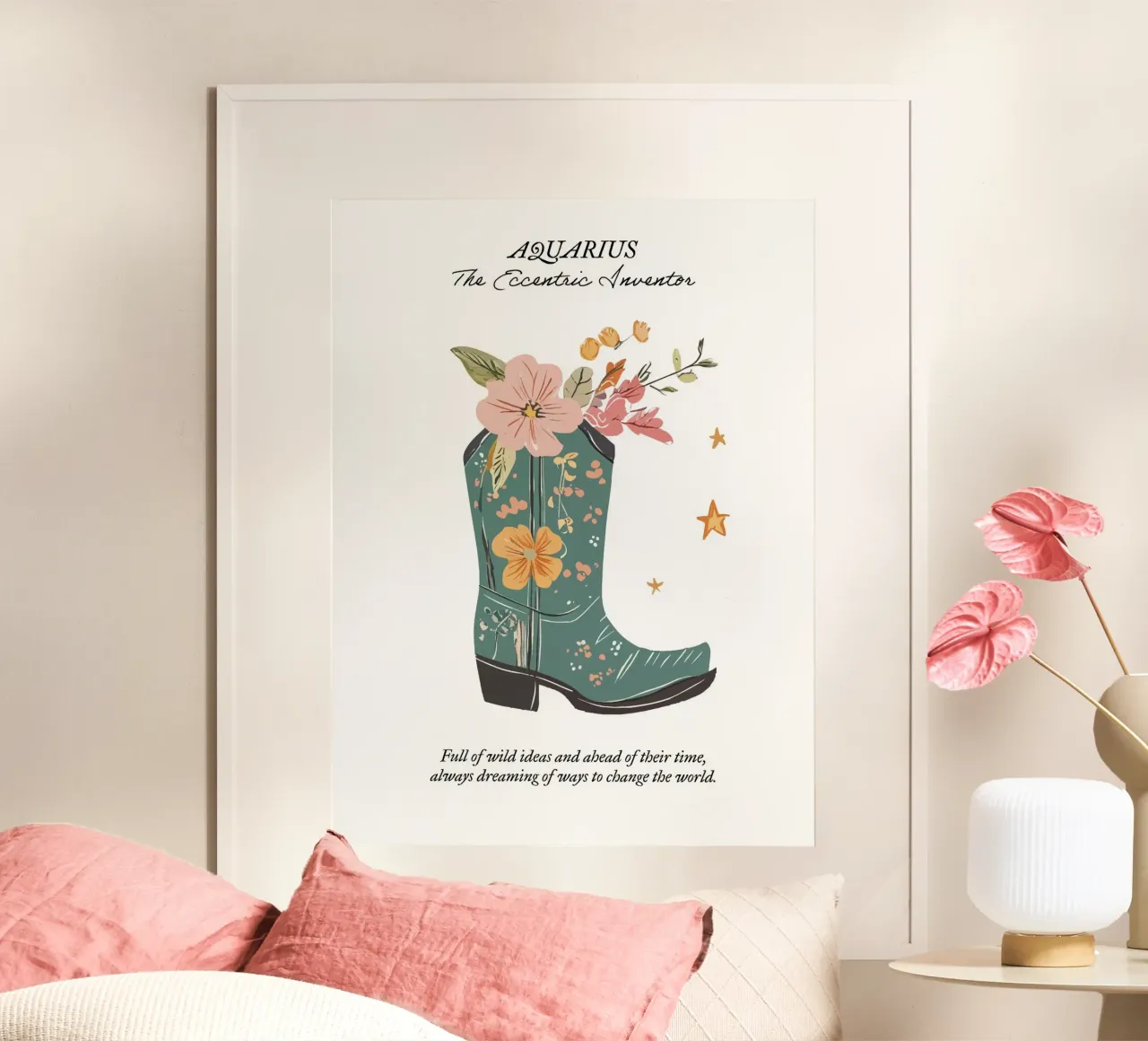 Acuario Signo Zodiacal, Botas Vaqueras poster con marco de aluminio de Peaches Art Prints