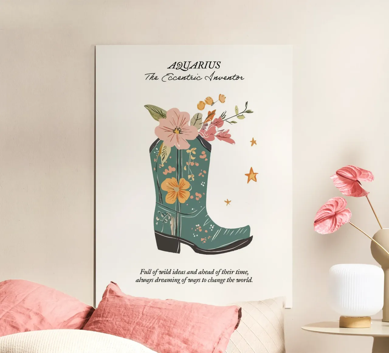 Acuario Signo Zodiacal, Botas Vaqueras poster con marco de aluminio de Peaches Art Prints