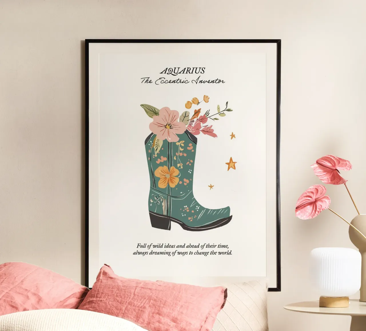 Acuario Signo Zodiacal, Botas Vaqueras poster con marco de aluminio de Peaches Art Prints