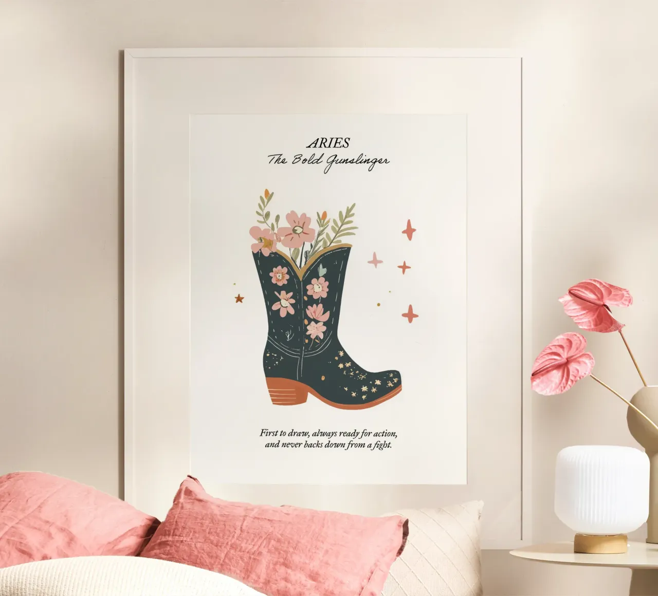 Ariete, segno zodiacale, stivali da cowboy poster con telaio in alluminio da Peaches Art Prints