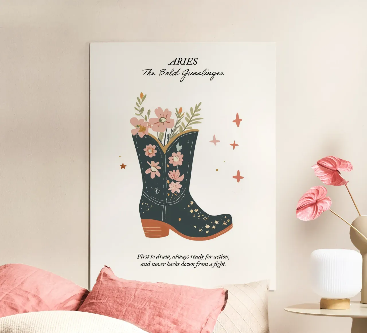Ariete, segno zodiacale, stivali da cowboy poster con telaio in alluminio da Peaches Art Prints