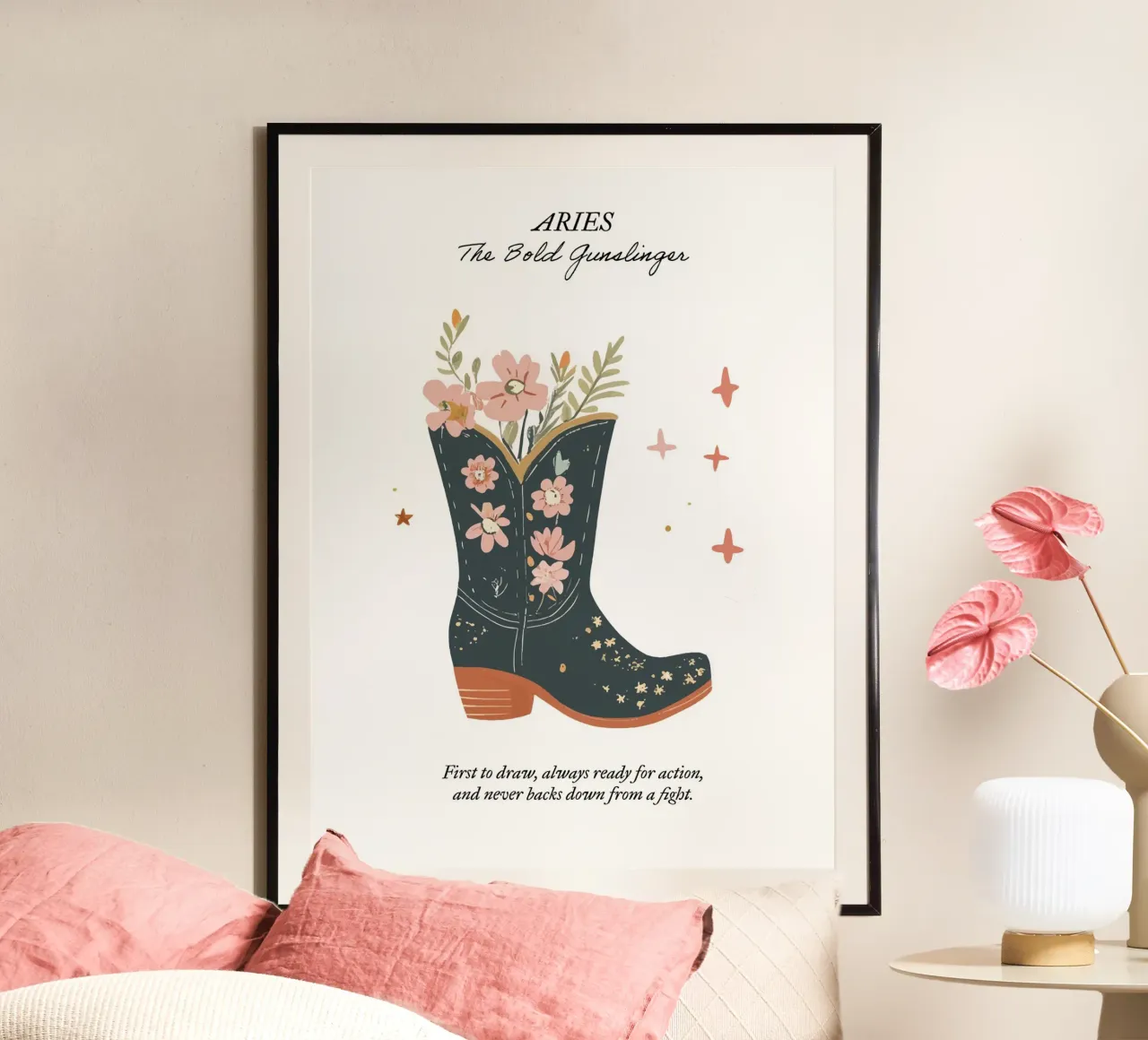Ariete, segno zodiacale, stivali da cowboy poster con telaio in alluminio da Peaches Art Prints