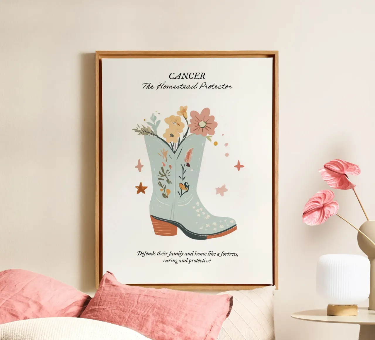 Cáncer Signo Zodiacal, Botas Vaqueras lienzo con Marco flotante de Peaches Art Prints