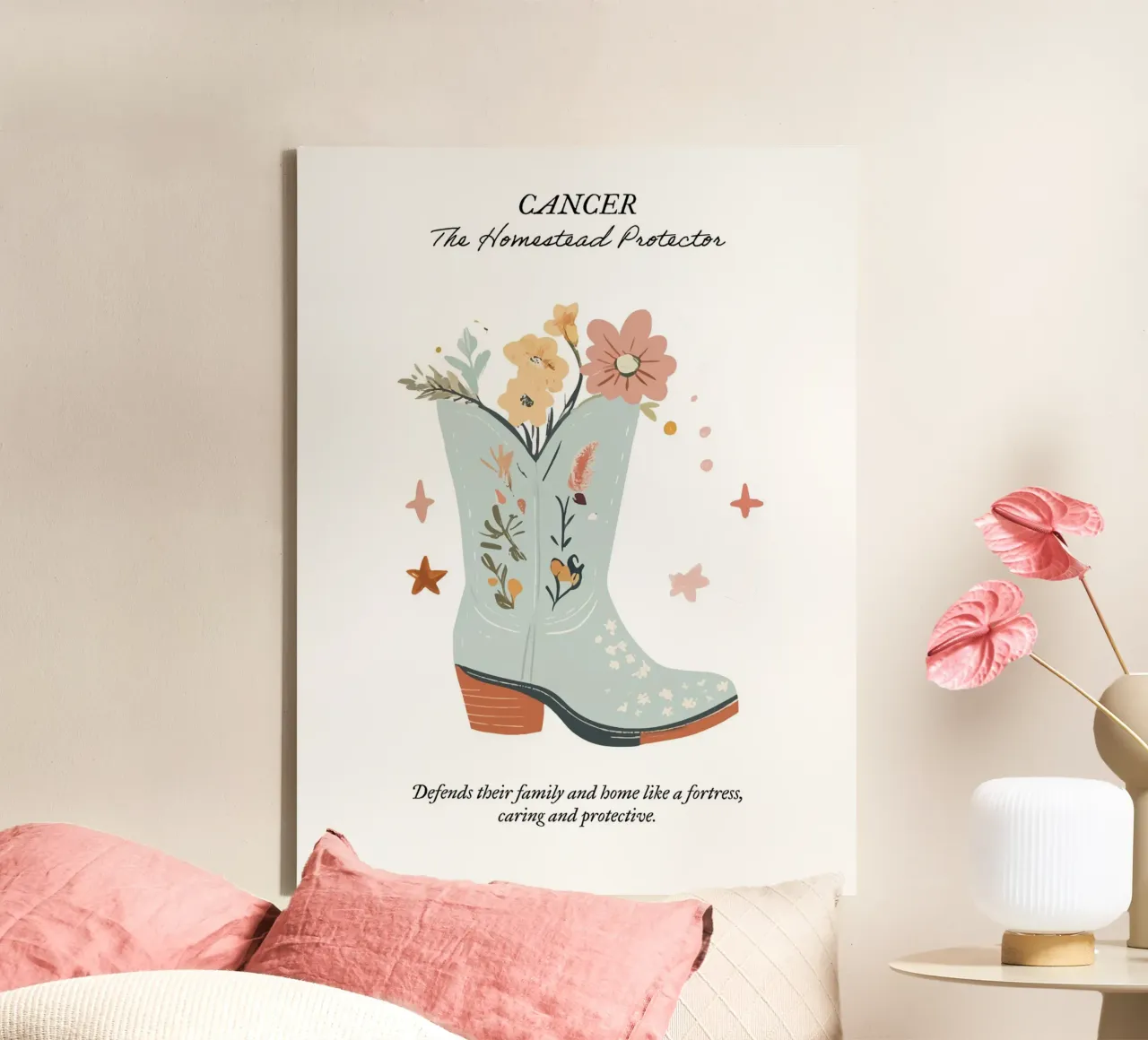 Cáncer Signo Zodiacal, Botas Vaqueras lienzo con Marco flotante de Peaches Art Prints