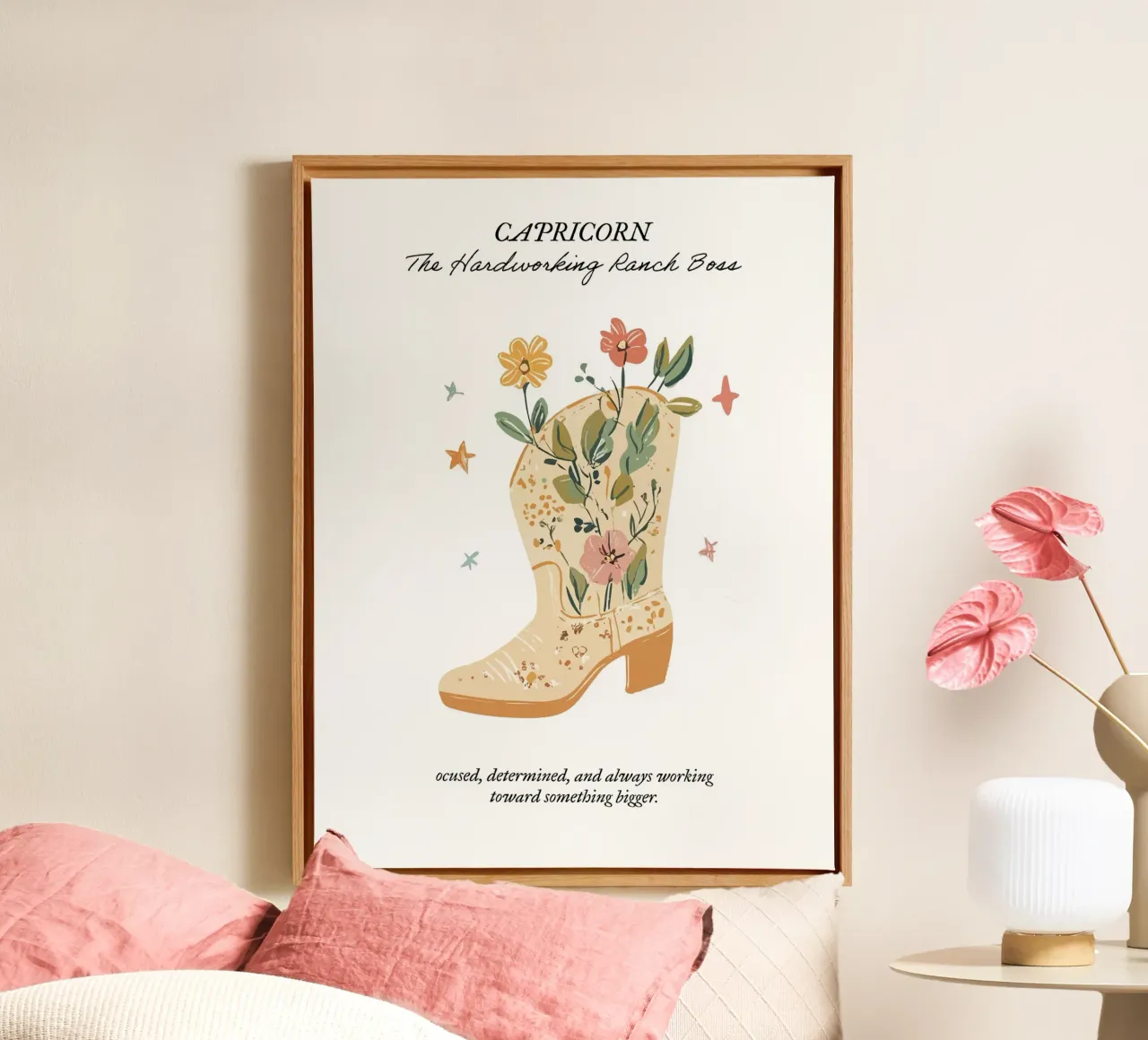 Capricornio, Signo Zodiacal, Botas Vaqueras lienzo con Marco flotante de Peaches Art Prints