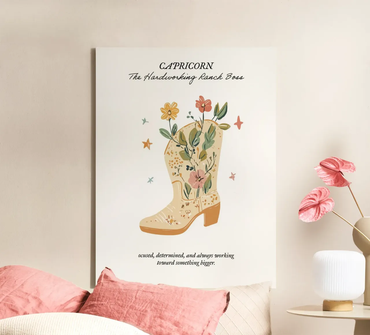 Capricornio, Signo Zodiacal, Botas Vaqueras lienzo con Marco flotante de Peaches Art Prints