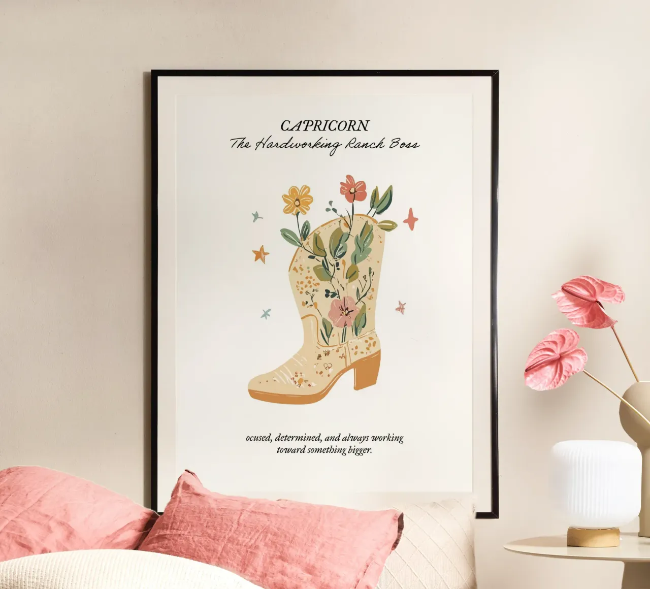 Capricornio, Signo Zodiacal, Botas Vaqueras poster con marco de madera de Peaches Art Prints