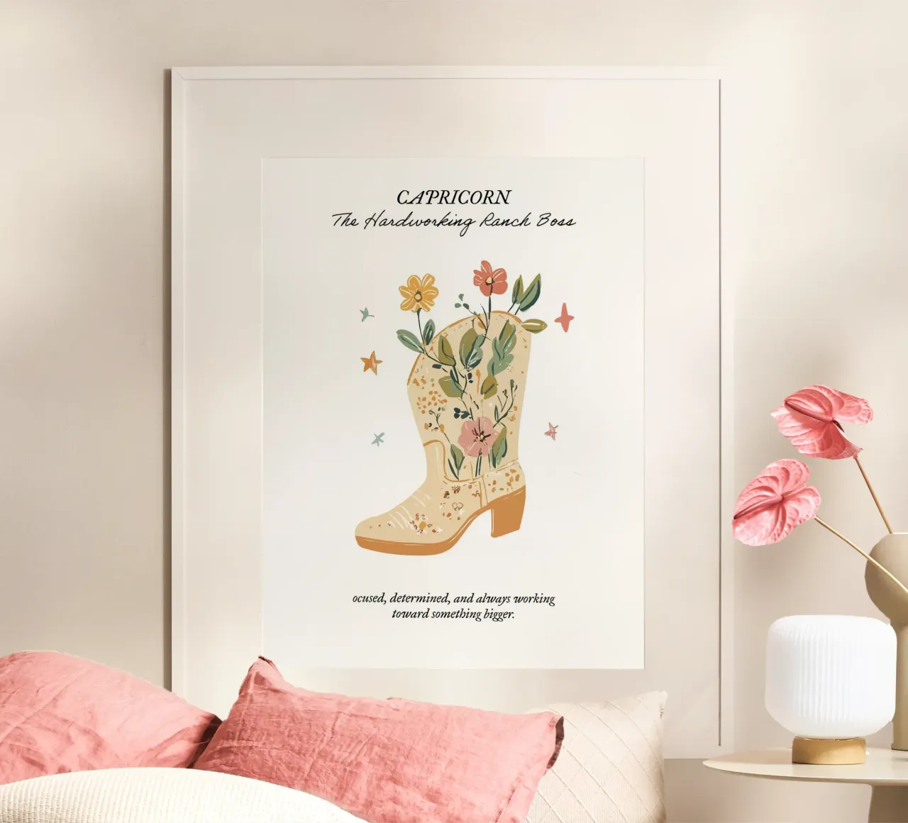 Capricornio, Signo Zodiacal, Botas Vaqueras poster con marco de madera de Peaches Art Prints