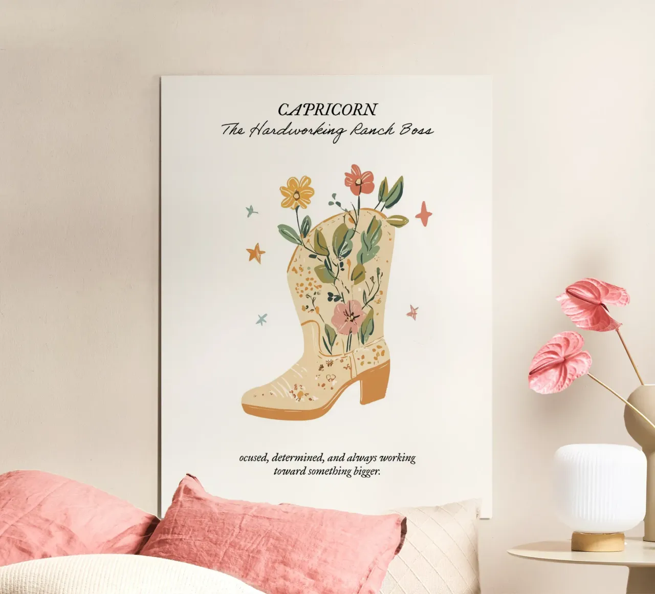Capricornio, Signo Zodiacal, Botas Vaqueras poster con marco de madera de Peaches Art Prints