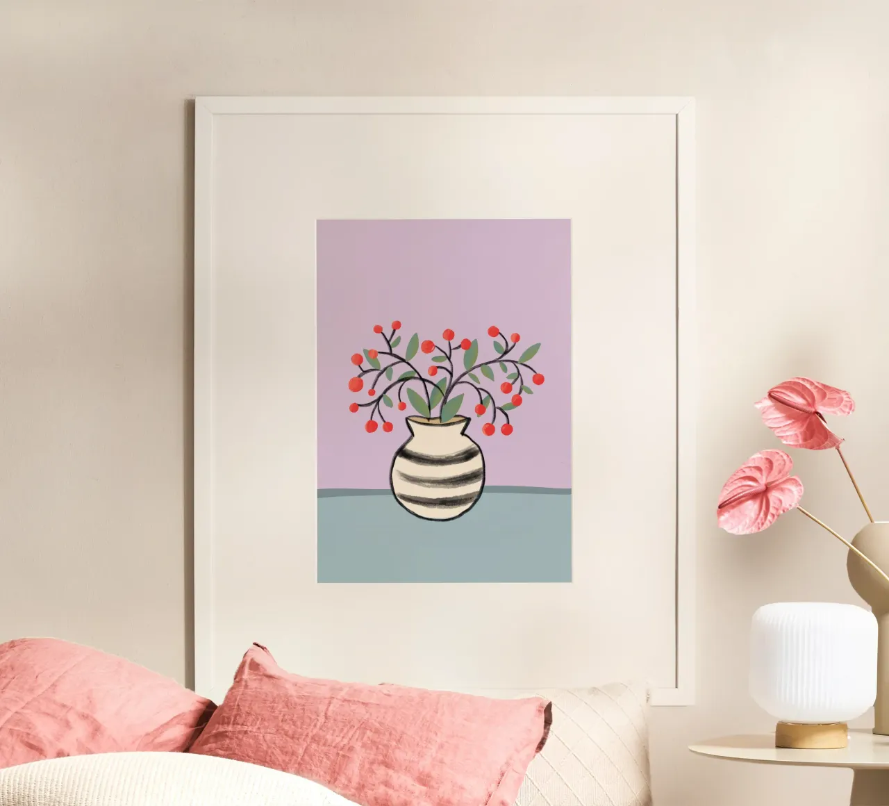 Ramo di bacche in vaso poster con telaio in legno da keinkonzept