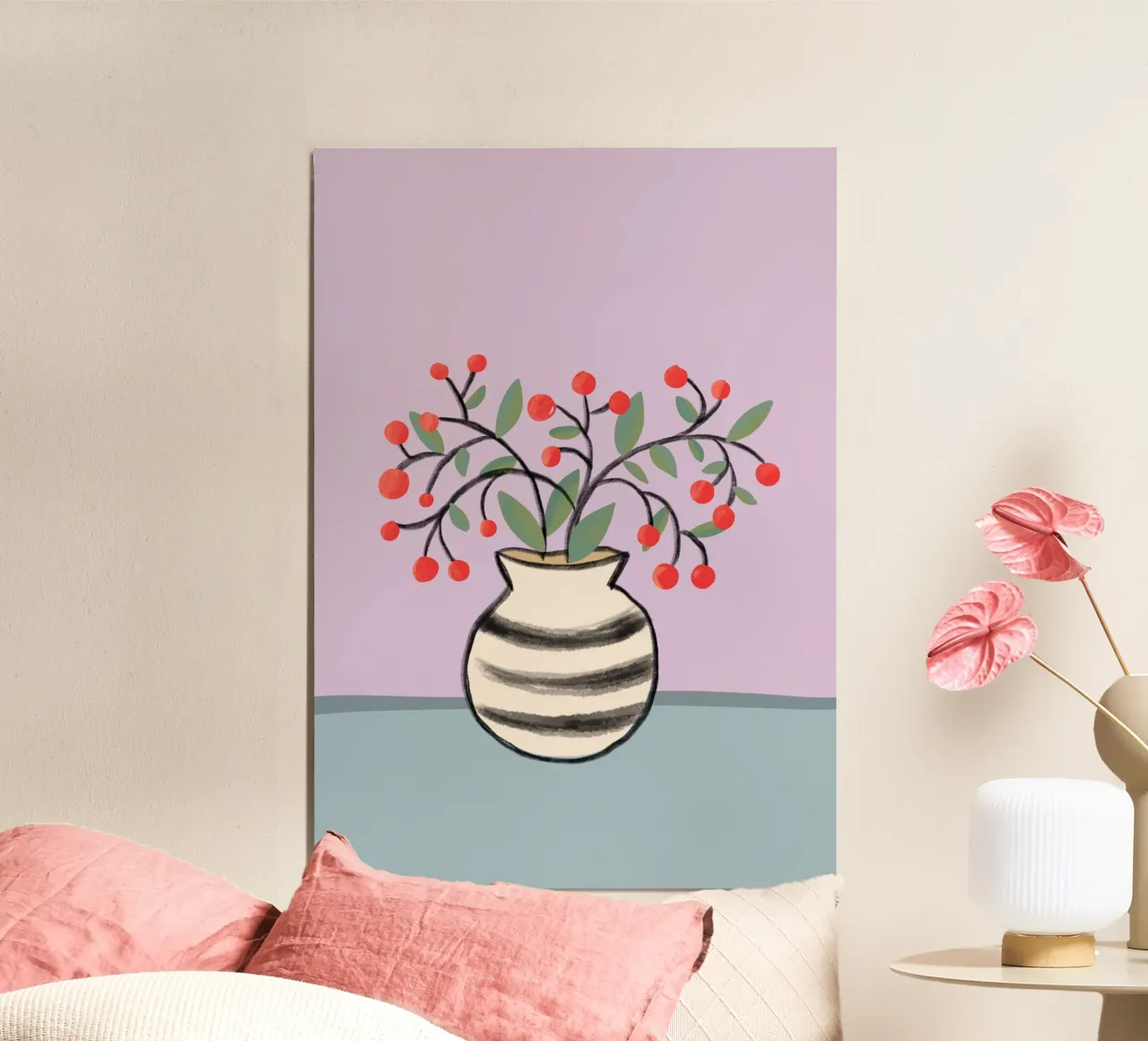 Ramo di bacche in vaso poster con telaio in legno da keinkonzept