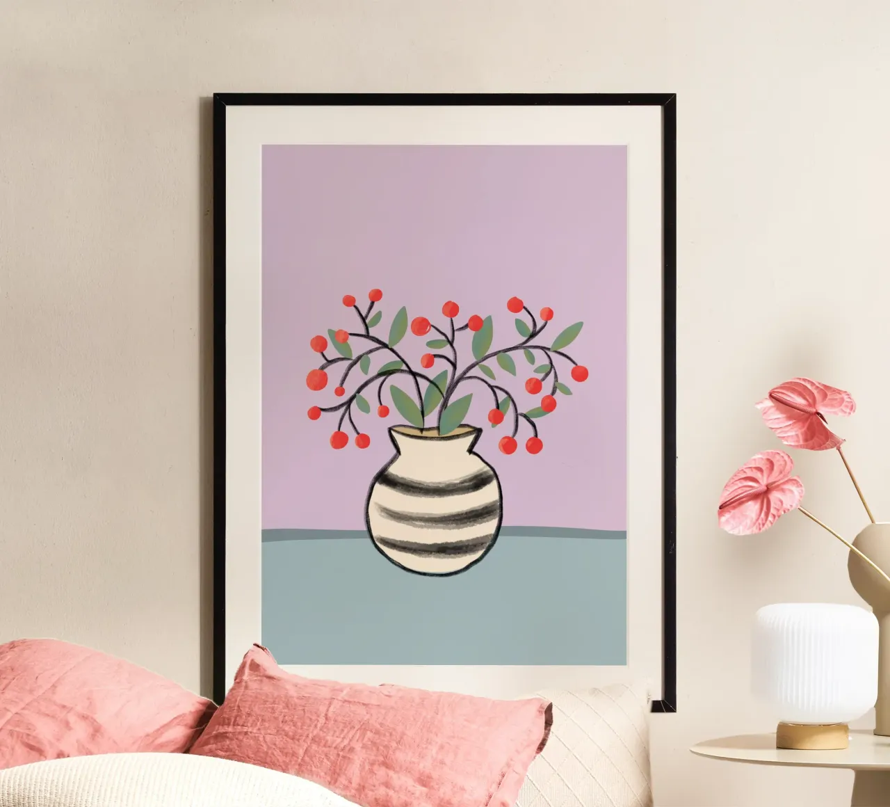Ramo di bacche in vaso poster con telaio in legno da keinkonzept