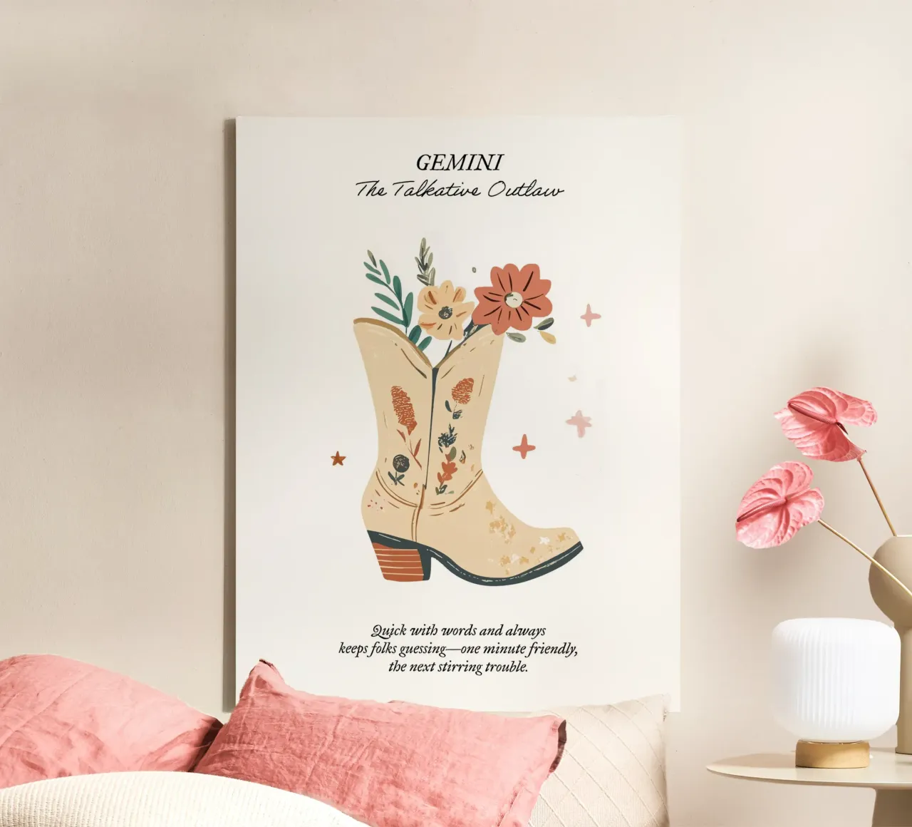 Géminis, Signo Zodiacal, Botas Vaqueras lienzo con Marco flotante de Peaches Art Prints