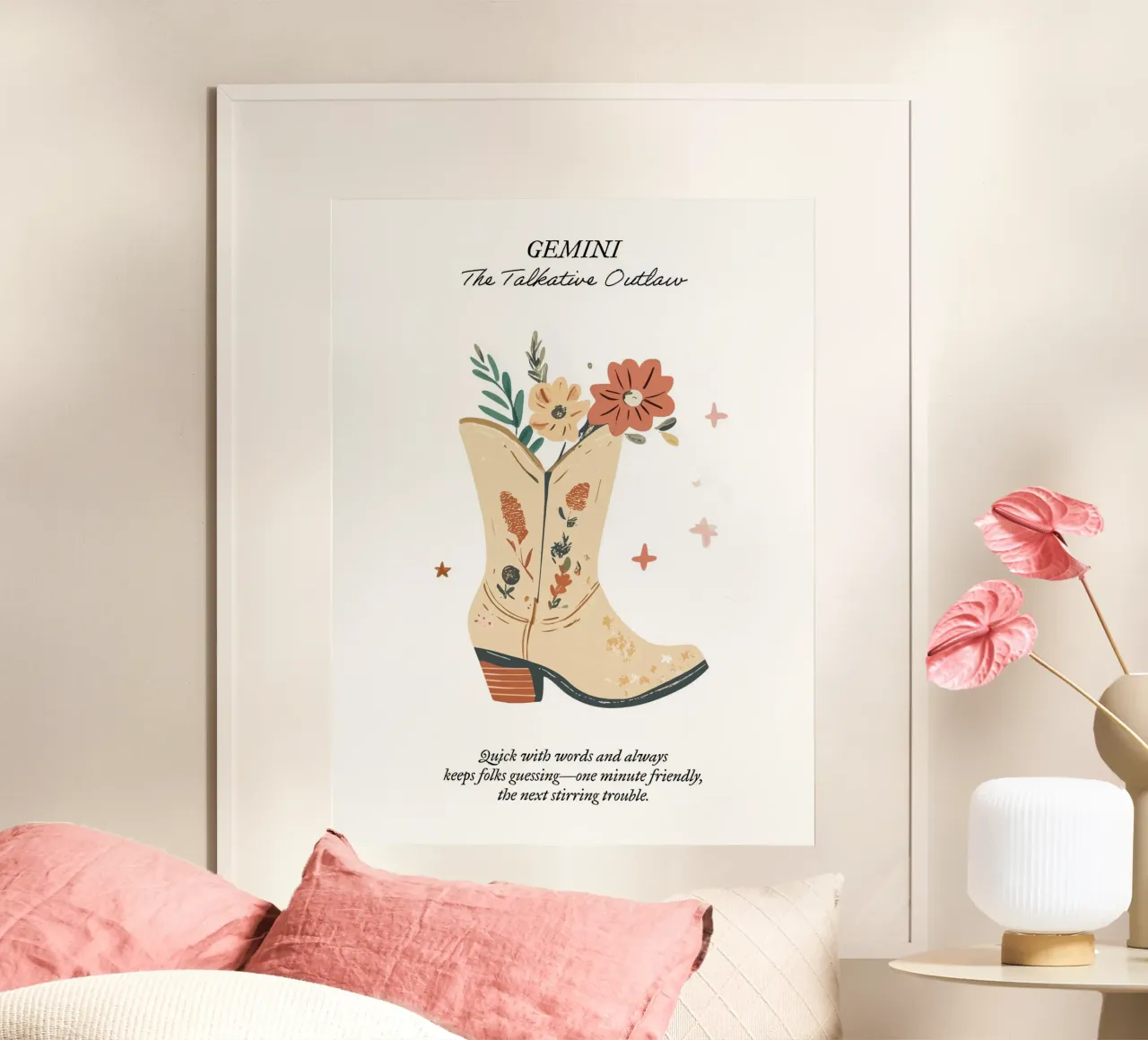 Géminis, Signo Zodiacal, Botas Vaqueras poster con marco de madera de Peaches Art Prints