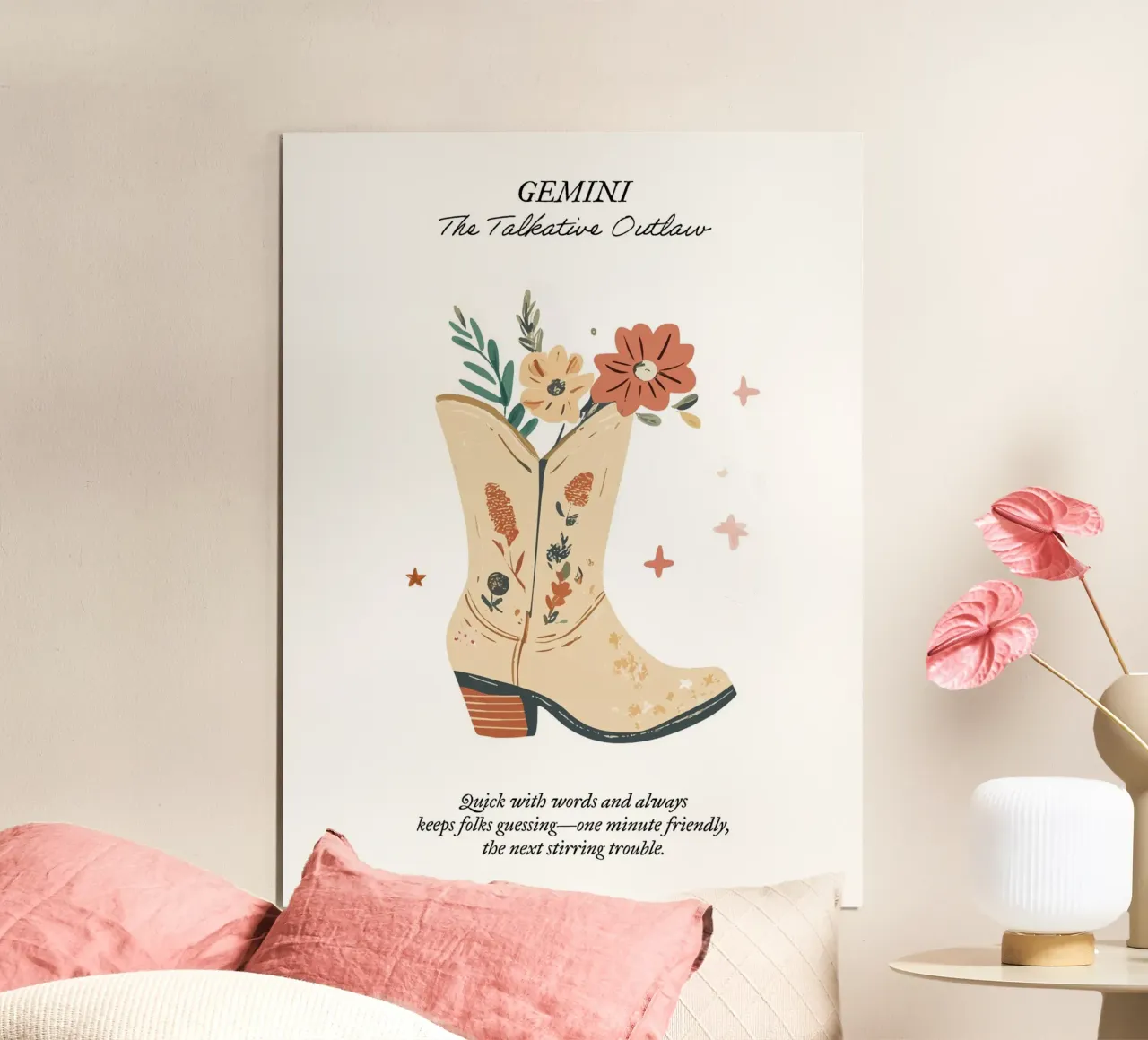 Géminis, Signo Zodiacal, Botas Vaqueras poster con marco de madera de Peaches Art Prints